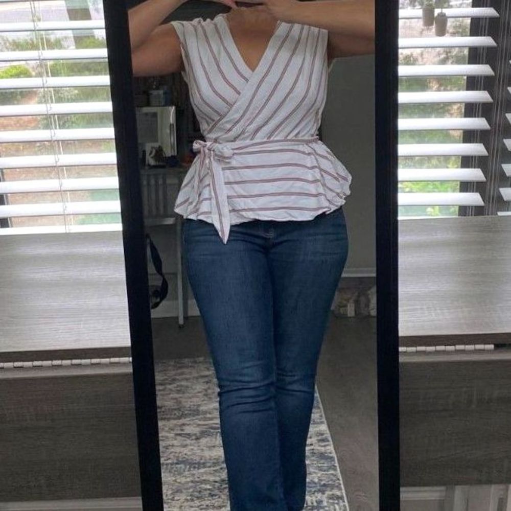 Loft white and red striped wrap around Blouse Size Small